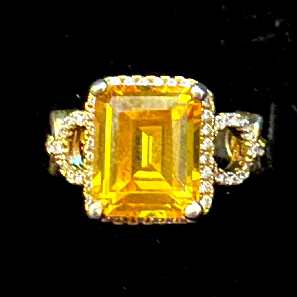 Yellow Topaz Emerald Cut Cz Cluster Designer Ring 14k Yellow Gold Electroplated